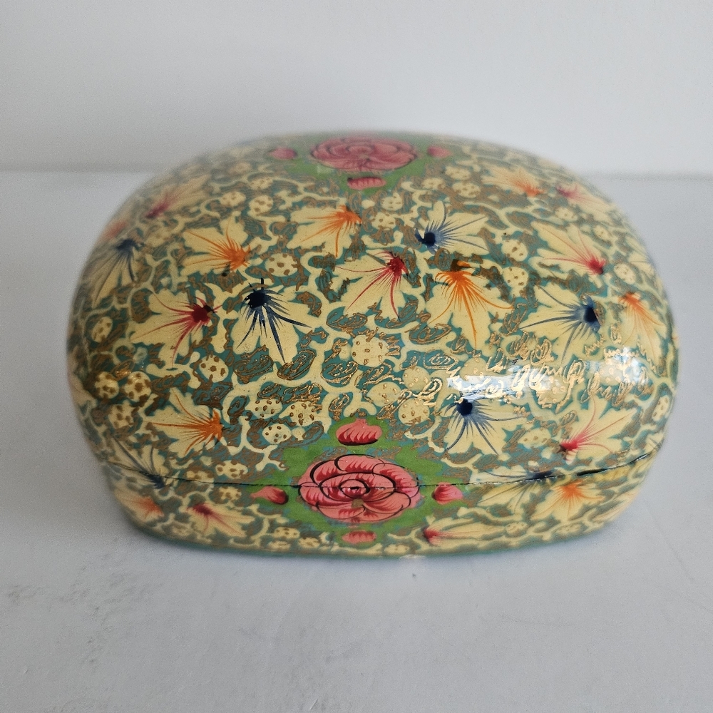 Wooden trinket box Paper mache lacquer floral colorful Kashmir folk art